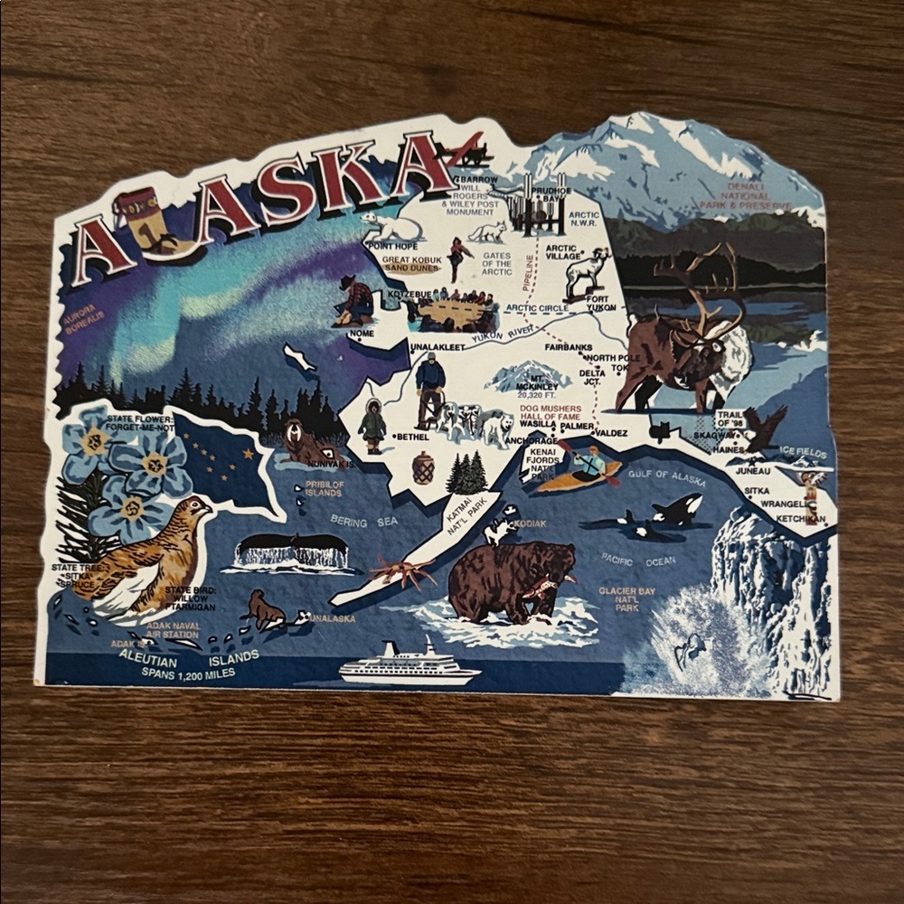 The Cats Meow Alaska Map wooden display Wildlife and Aurora
